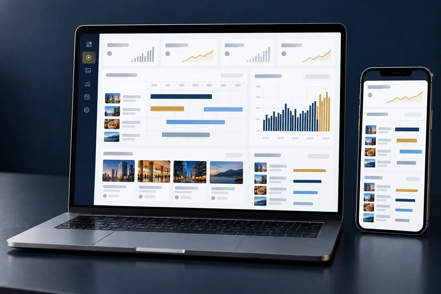 Notebook e celular com telas ilustrativas de gestão de campanhas e gráficos de mídia